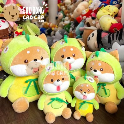 Chó Bông SHIBA ngồi lè lưỡi Cosplay Khủng Long xanh