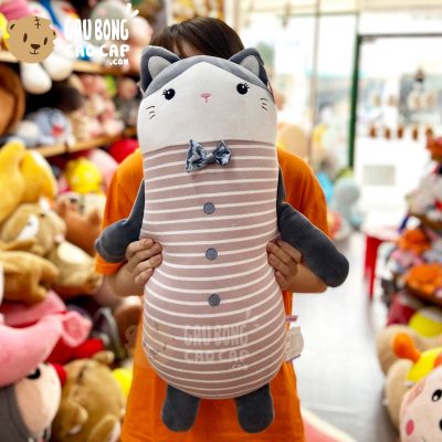 Mèo bông mặc áo sọc đeo nơ gối ôm dài