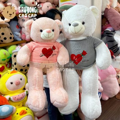 Gấu Teddy Smooth áo len thêu Tim Hoa Hồng I love you
