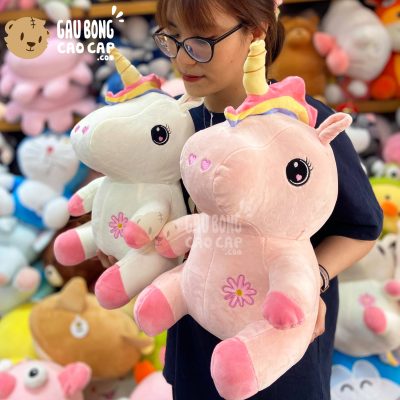 Gấu Bông Unicorn ngồi bụng Thêu Hoa