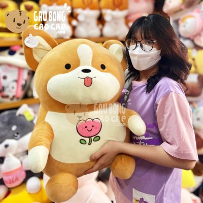 Chó Bông Corgi ngồi ngực thêu Hoa