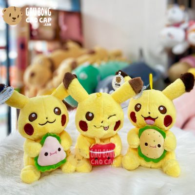 Gấu Bông Pikachu nhó ngồi Ôm Đồ Ăn