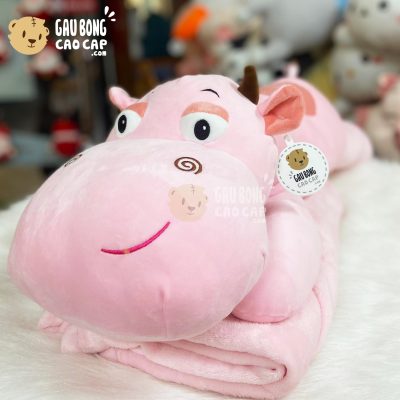 Gối mền Gấu Bông 2in1 Bò Bông hồng mắt To