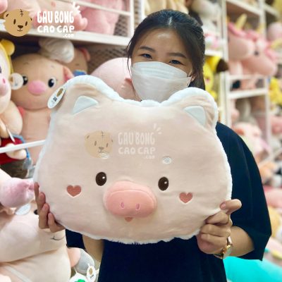 Gối ôm tròn mặt Heo Bông má thêu Tim