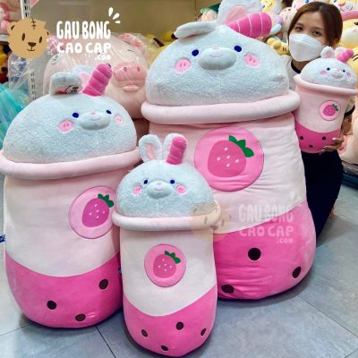 Gấu Bông Trà Sữa Dâu mặt Thỏ trắng