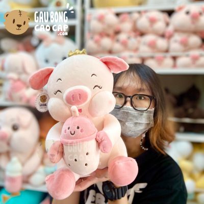 Heo Bông nhí ngồi ôm trà sữa