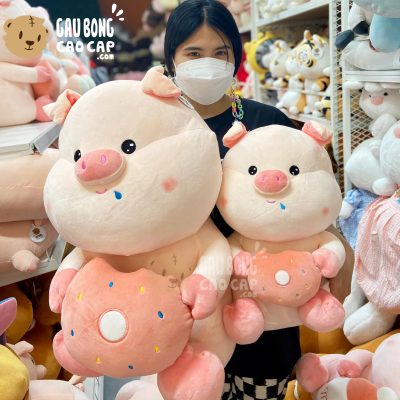 Heo Bông nhỏ dãi lông mịn ngồi ôm bánh Donut