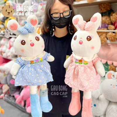 Thỏ Bông đầm Hoa Caro tai thêu Tim