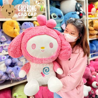 Gấu Bông Thỏ Melody Hồng lông cừu bụng thêu Kẹo