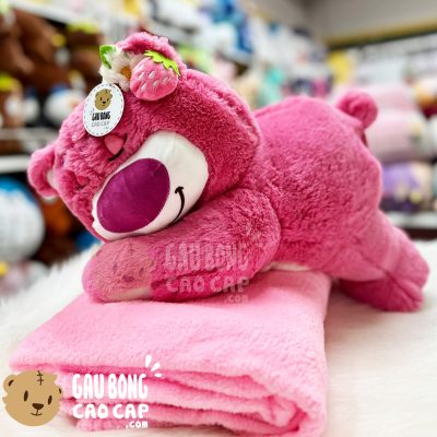 Gối mền 2in1 Gấu Bông Lotso dâu lông Smooth nằm nhắm mắt