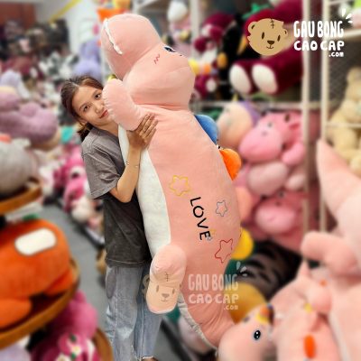 Gấu Bông Khủng Long Nằm Mắt To Đội Nón Cầu Vồng màu Hồng