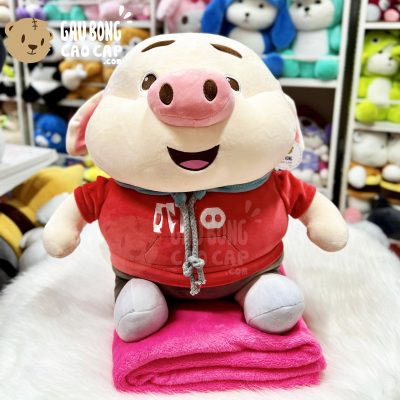 Gối Mền Heo bông Tiktok mặc áo Hoodie Đỏ