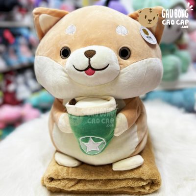 Chó Bông Shiba Vàng ôm ly Trà Sữa - Gấu có mền 2in1