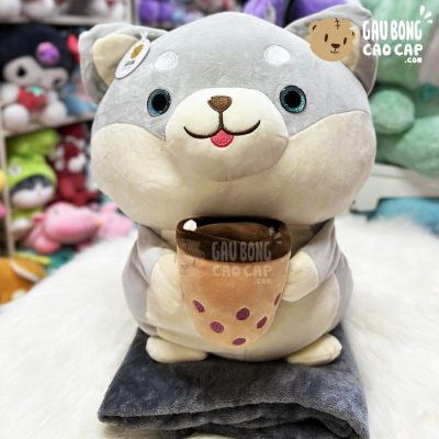 Chó Bông Shiba Xám ôm ly Trà Sữa - Gấu có mền 2in1