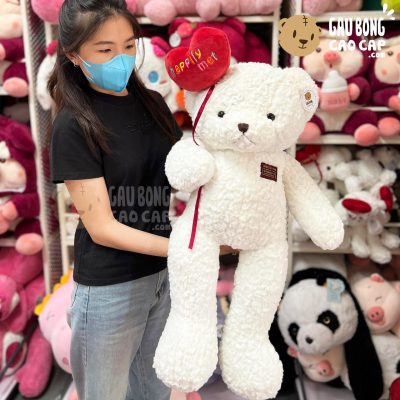 Gấu Teddy trắng cầm bong bóng Trái Tim tình yêu