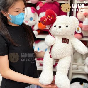 Gấu Teddy trắng cầm bong bóng Trái Tim tình yêu
