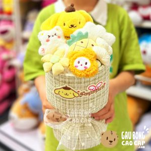 Hoa Gấu Bông 2in1 PomPom Purin vân Caro - Hàng Nhập