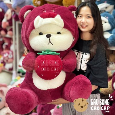 Gấu Bông Lena ngồi cosplay Lotso ôm Dâu - Hồng Đậm