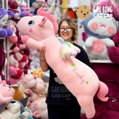 Gấu Bông Unicorn form gối ôm dài thêu chữ Lucky
