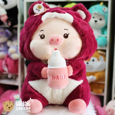 Heo Bông cosplay Lotso Dâu ngồi ôm Bình Sữa
