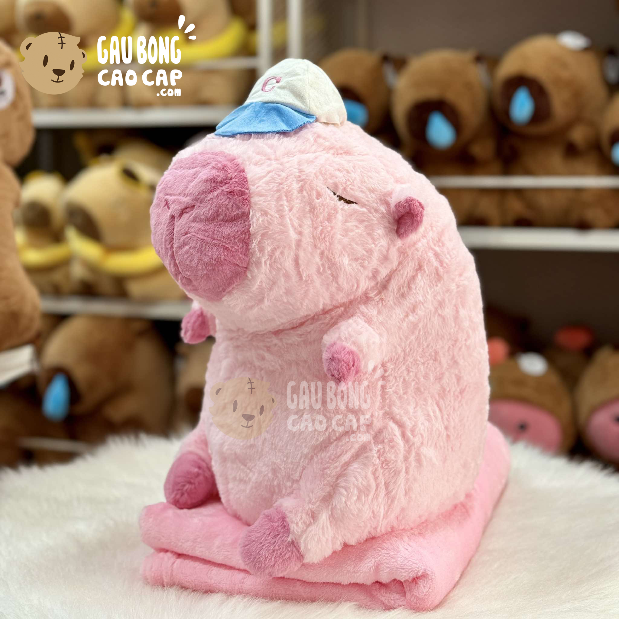 Cấu Bông Capybara Hồng đội nón có mền 2in1