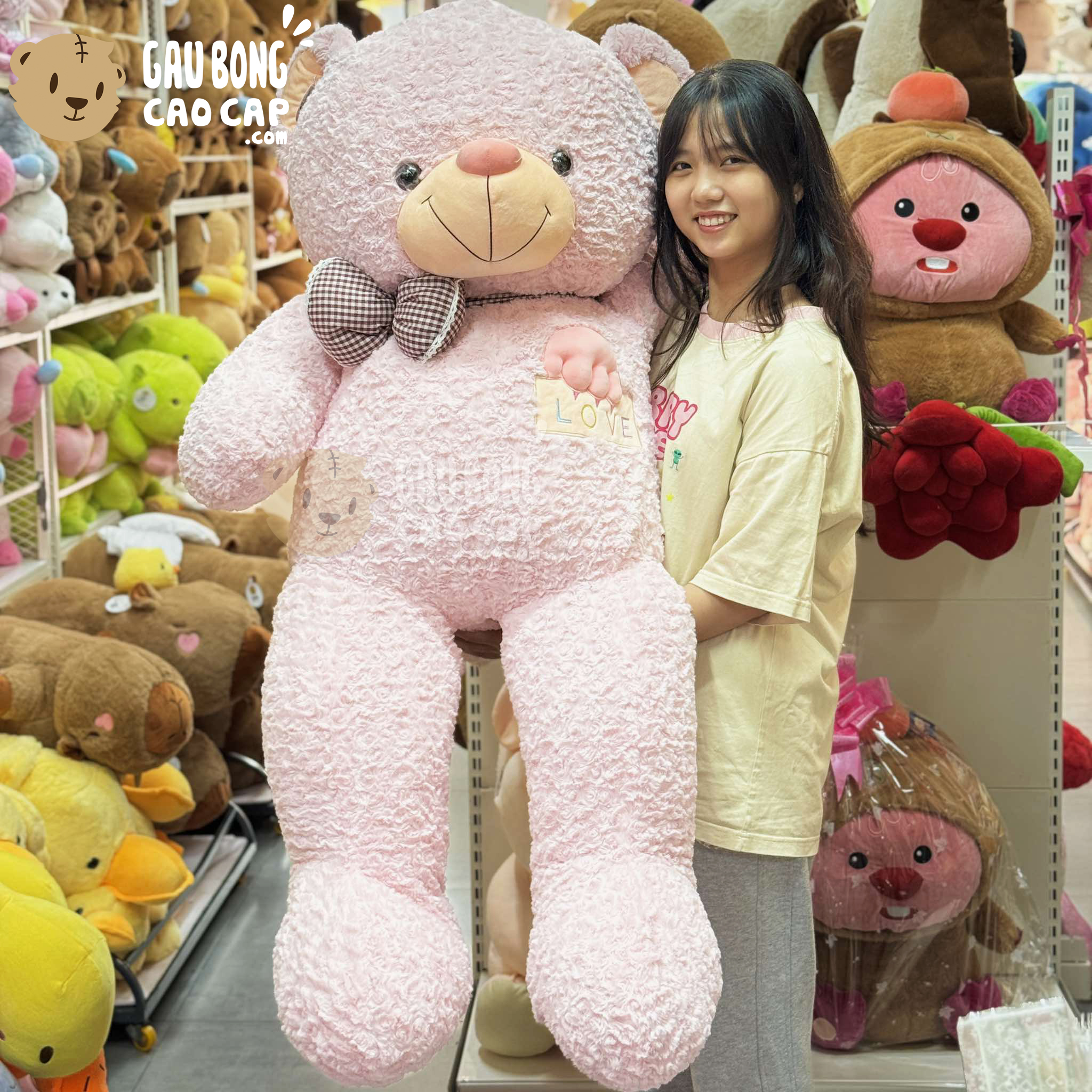 Gấu Teddy hồng đeo nơ lông xoắn ngực Love