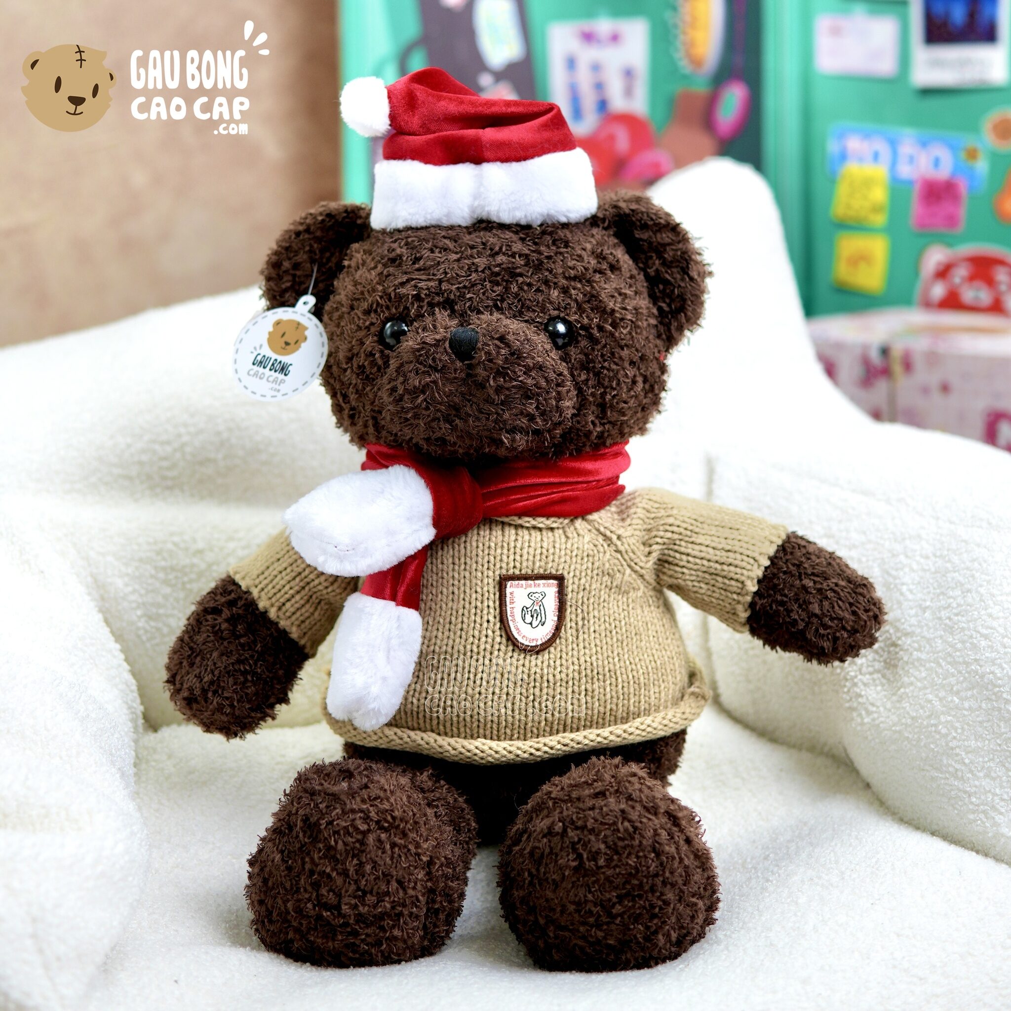 Gấu Teddy Noel choàng khăn lông xù Nâu