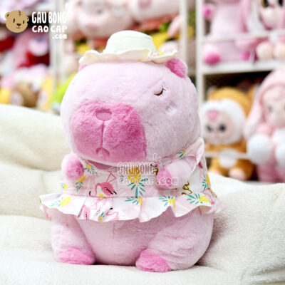 Gấu Bông Capybara mặc đầm Hồng đi biển