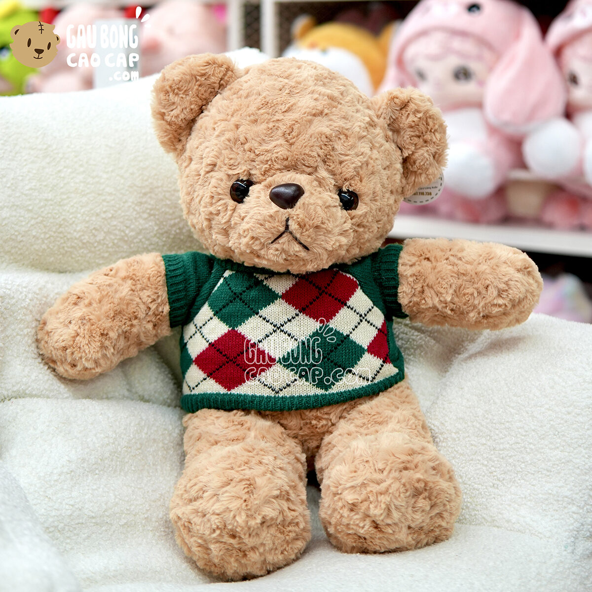 Gấu Teddy lông xoắn mặc áo len Caro