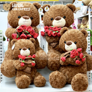 Gấu Bông Teddy nâu lông xoắn cầm Hoa