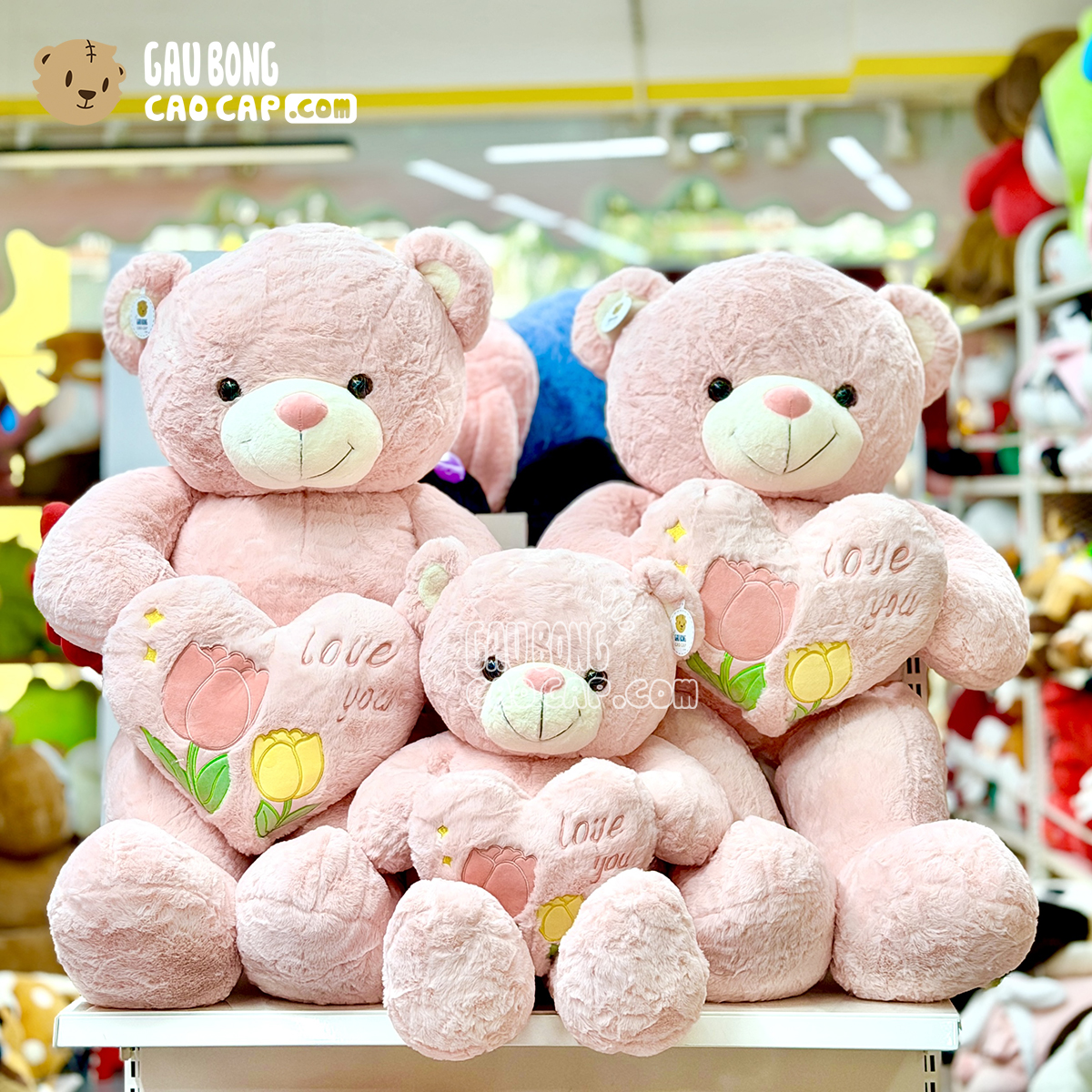 Gấu Teddy Smooth Ôm Tim Love You Thêu Hoa Hồng màu Hồng