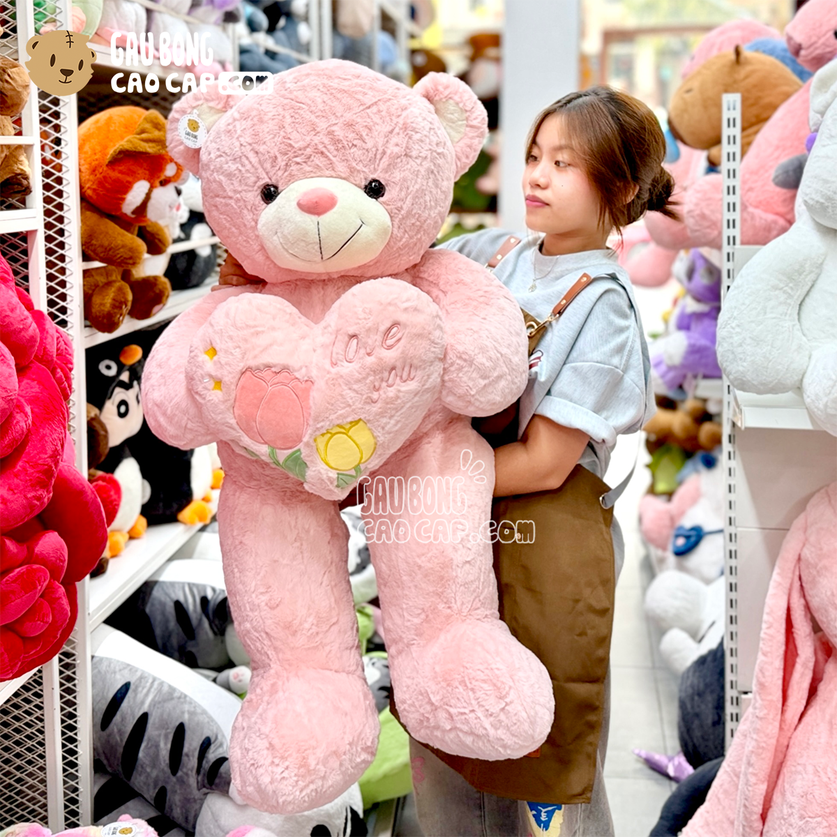 Gấu Teddy Smooth Ôm Tim Love You Thêu Hoa Hồng màu Hồng