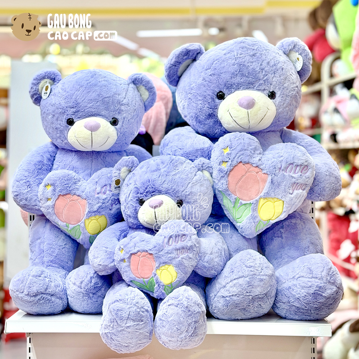 Gấu Teddy Smooth Ôm Tim Love You Thêu Hoa Hồng màu Tím