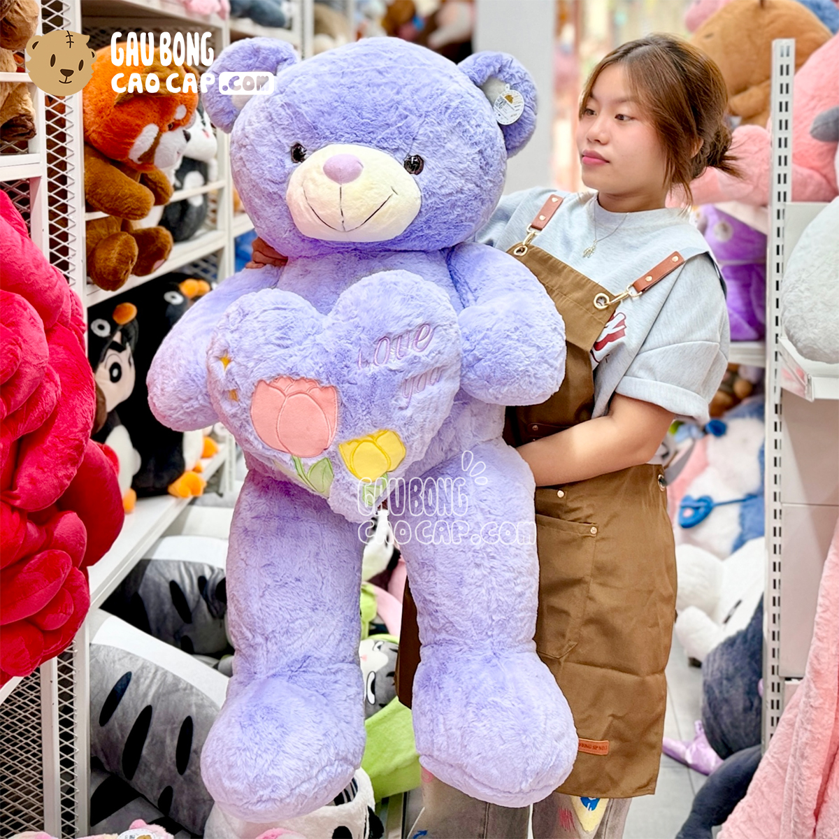 Gấu Teddy Smooth Ôm Tim Love You Thêu Hoa Hồng màu Tím