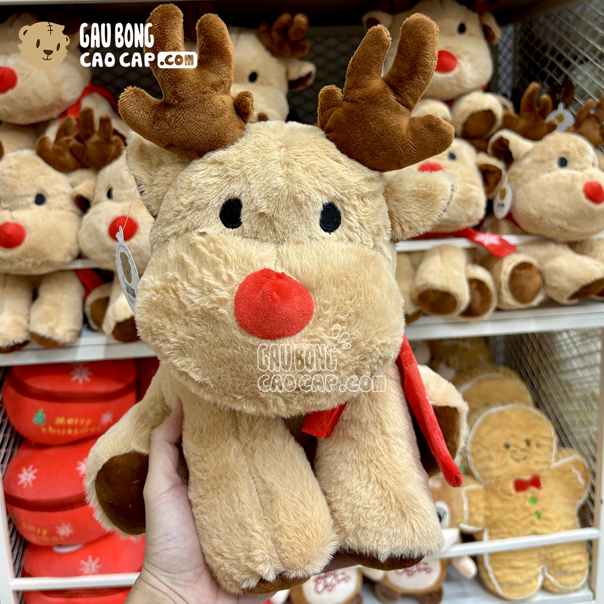 Gấu Bông Tuần Lộc Noel choàng khăn đỏ