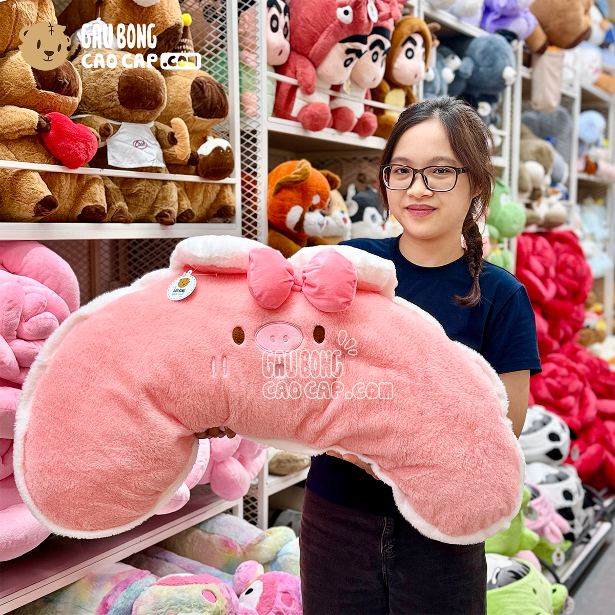 Gối ôm Heo Bông hồng đeo nơ