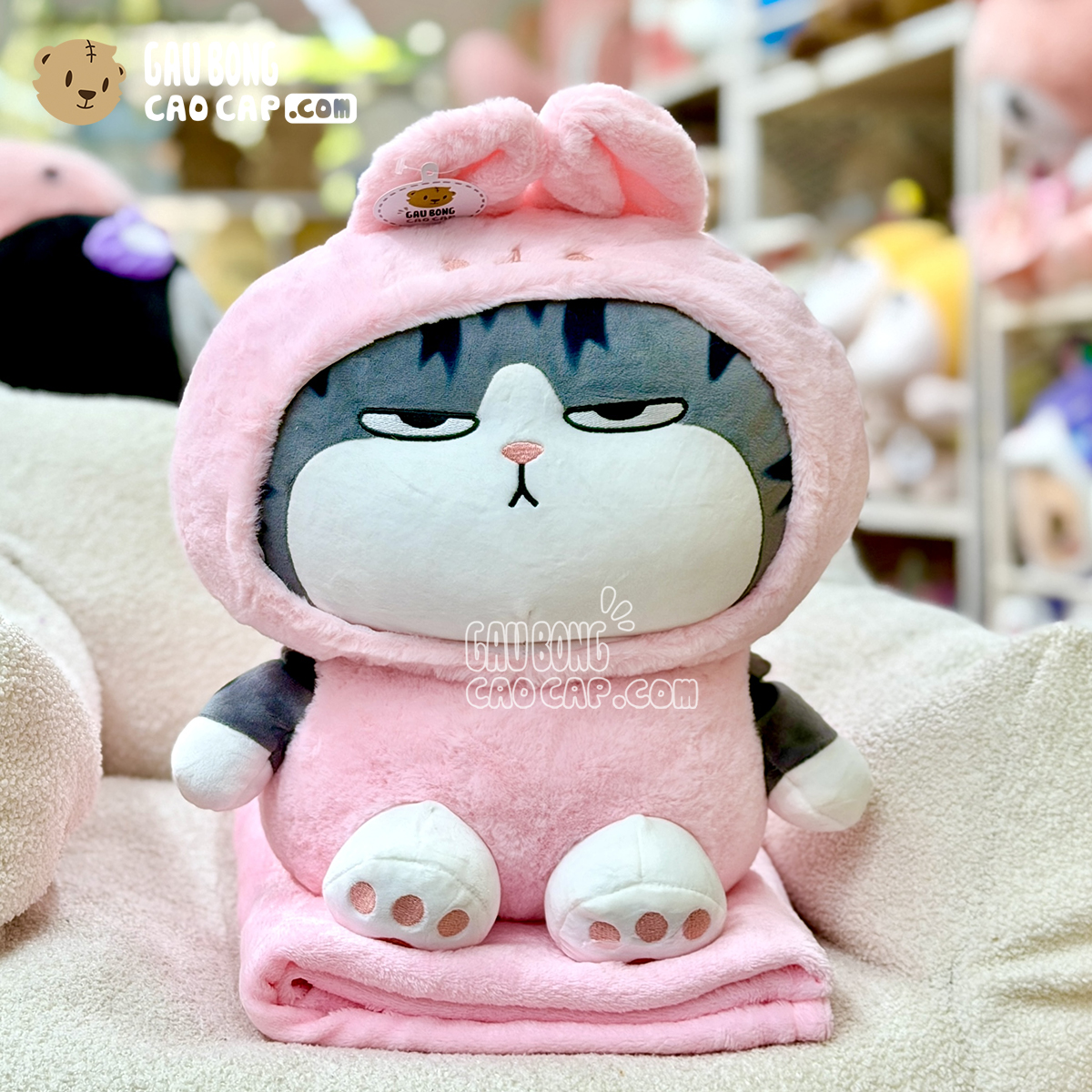 Gối mền 2in1 Mèo Bông Hoàng Thượng cosplay Thỏ Hồng