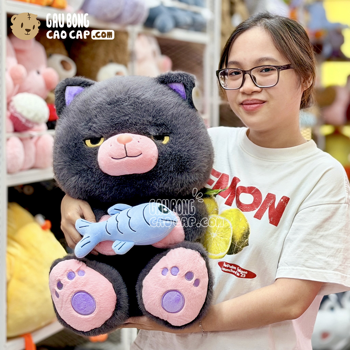 Gấu Bông Mèo Mun ngồi ôm Cá