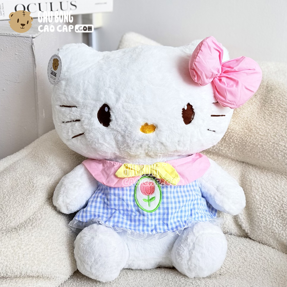 Gấu Bông Hello Kitty Mặc Đầm Caro Thêu Tulip