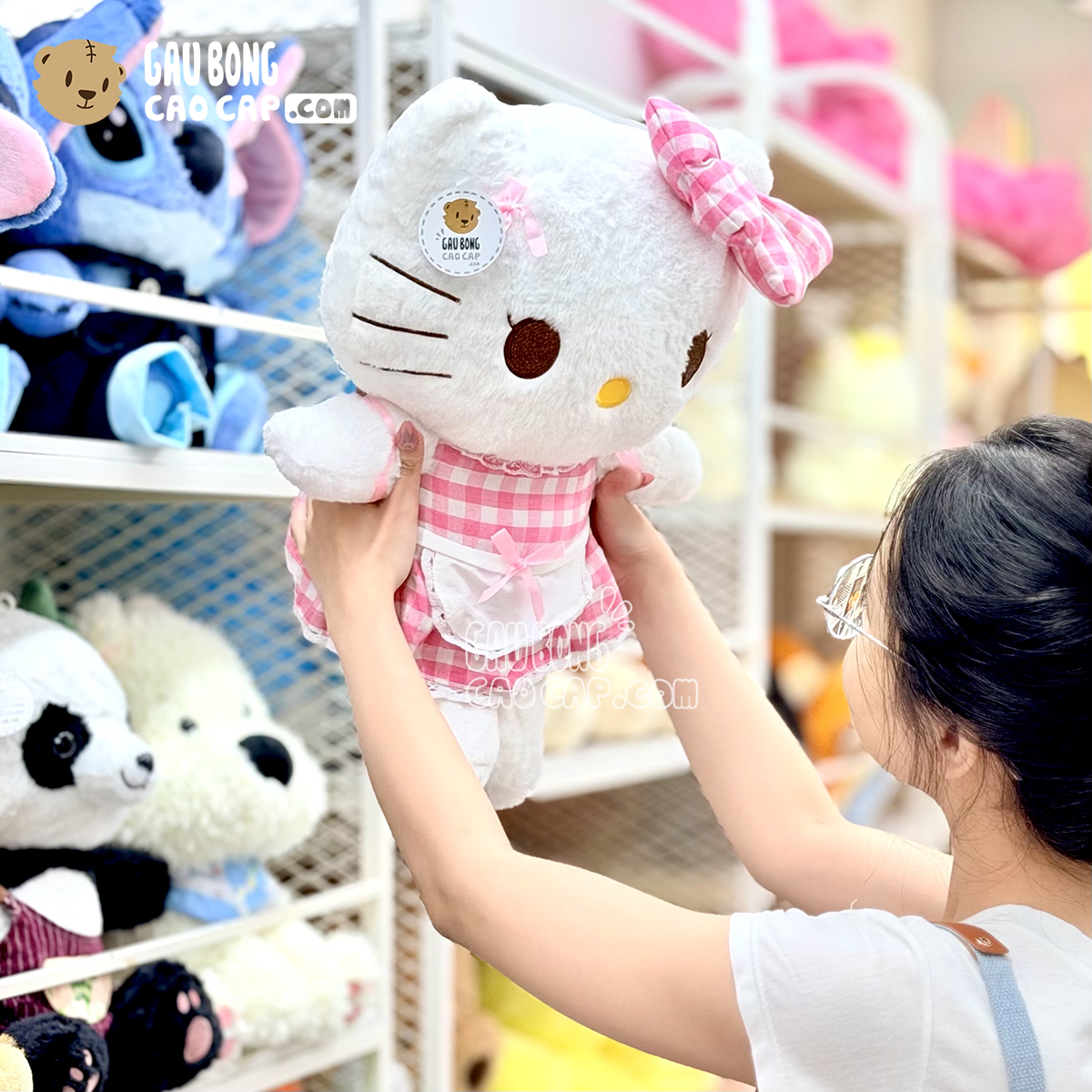 Gấu Bông Hello Kitty Mặc Đầm Caro Hồng Waitress
