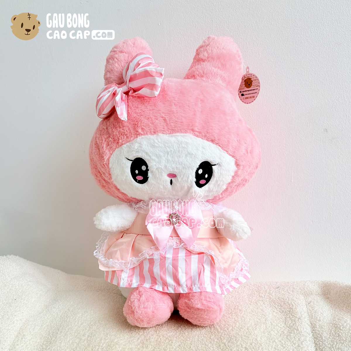 Gấu Bông Melody Mặc Đầm Hồng Kẻ Sọc